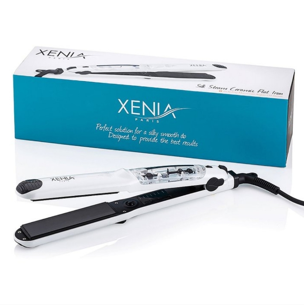 Xenia Silk Steam Ceramic Steamer Flat Iron with Argan Infuser, White, 1.25" W